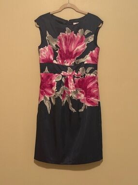 Navy Midi Dress with Pink Floral Print